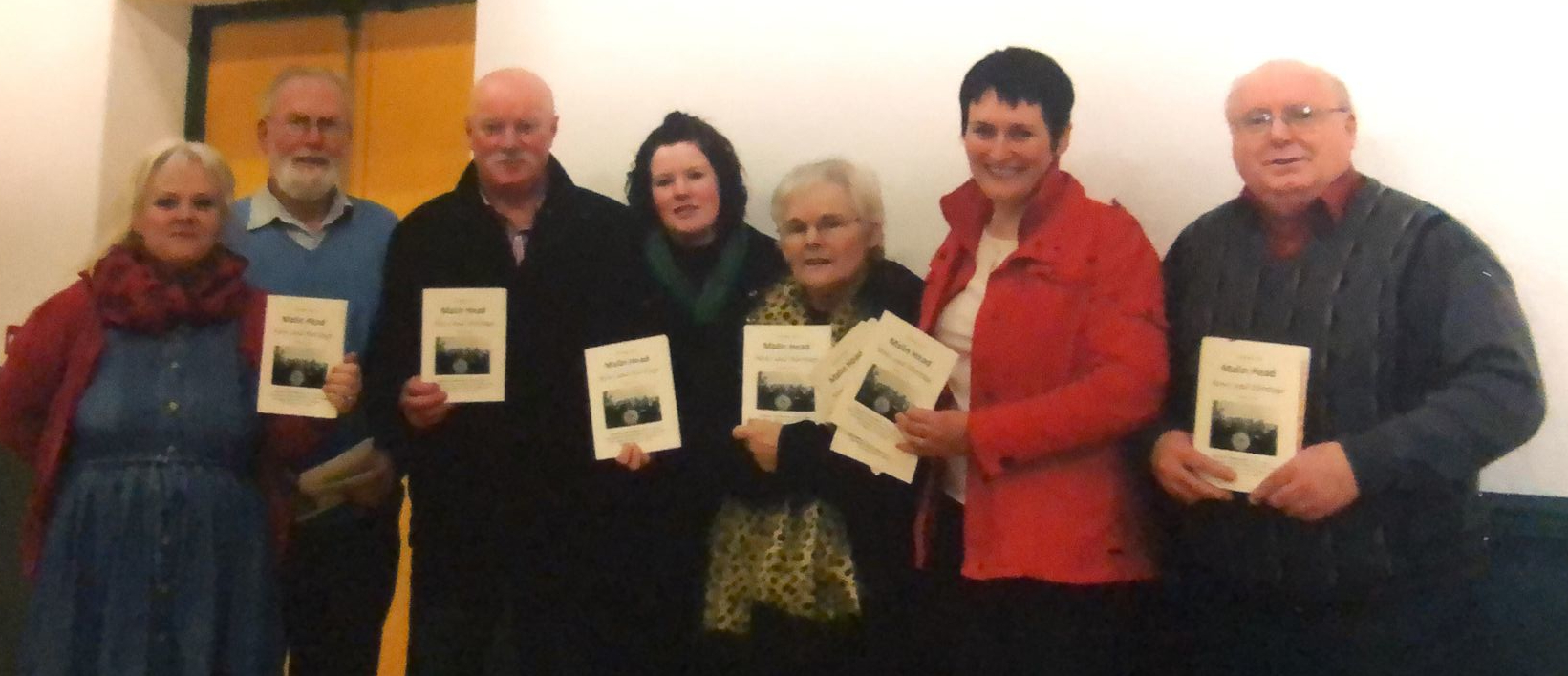 Malin Head Heritage Group Photo : launch of first heritage booklet Christmas 2012 : Andrea Redmond, Jim Rudden, John O’Hagan, Annie Kelly, Bernie Rudden, Teresa Doherty (Mullin) and Tony McLaughlin 